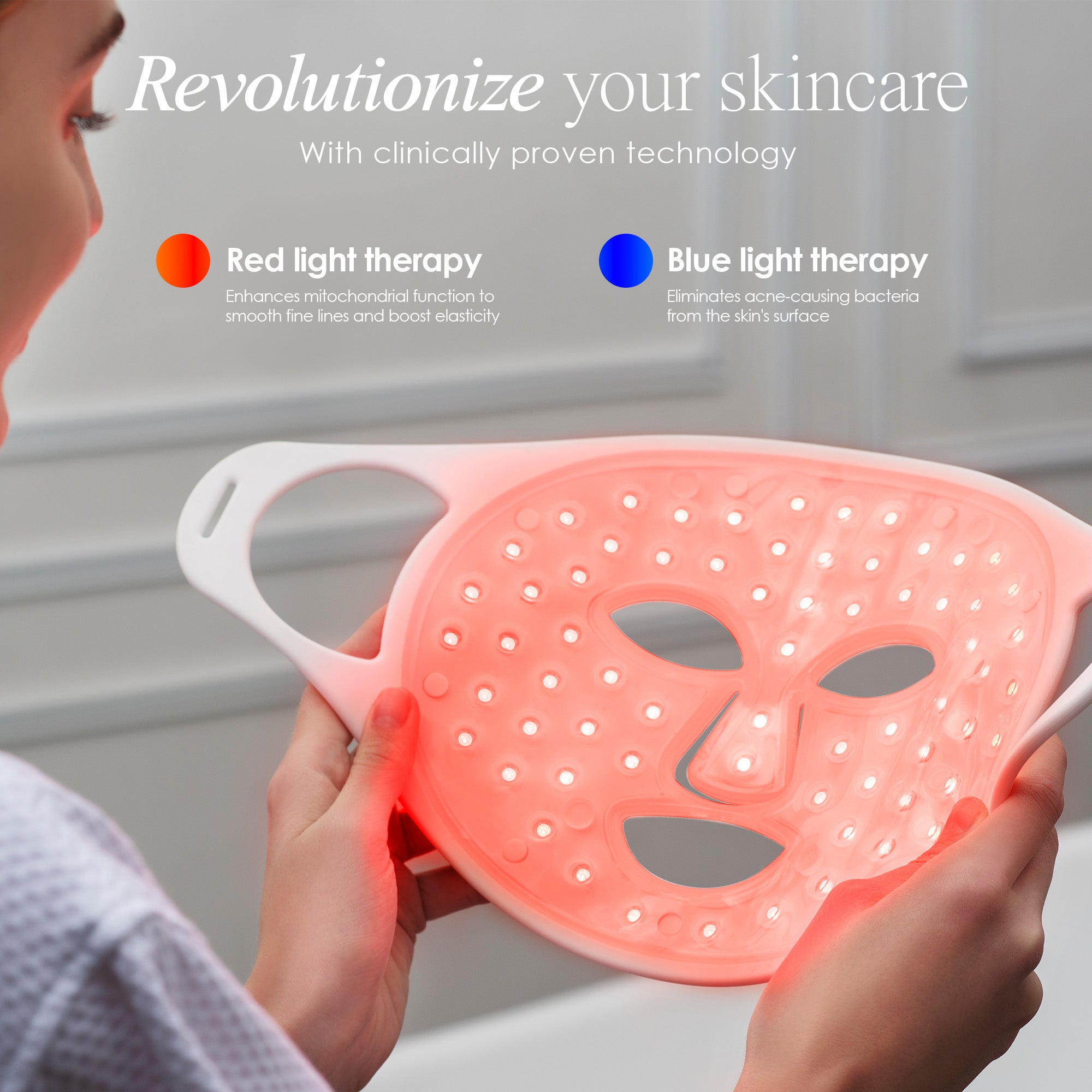 LightAura Flex LED face mask showing the functions of red and blue light therapy