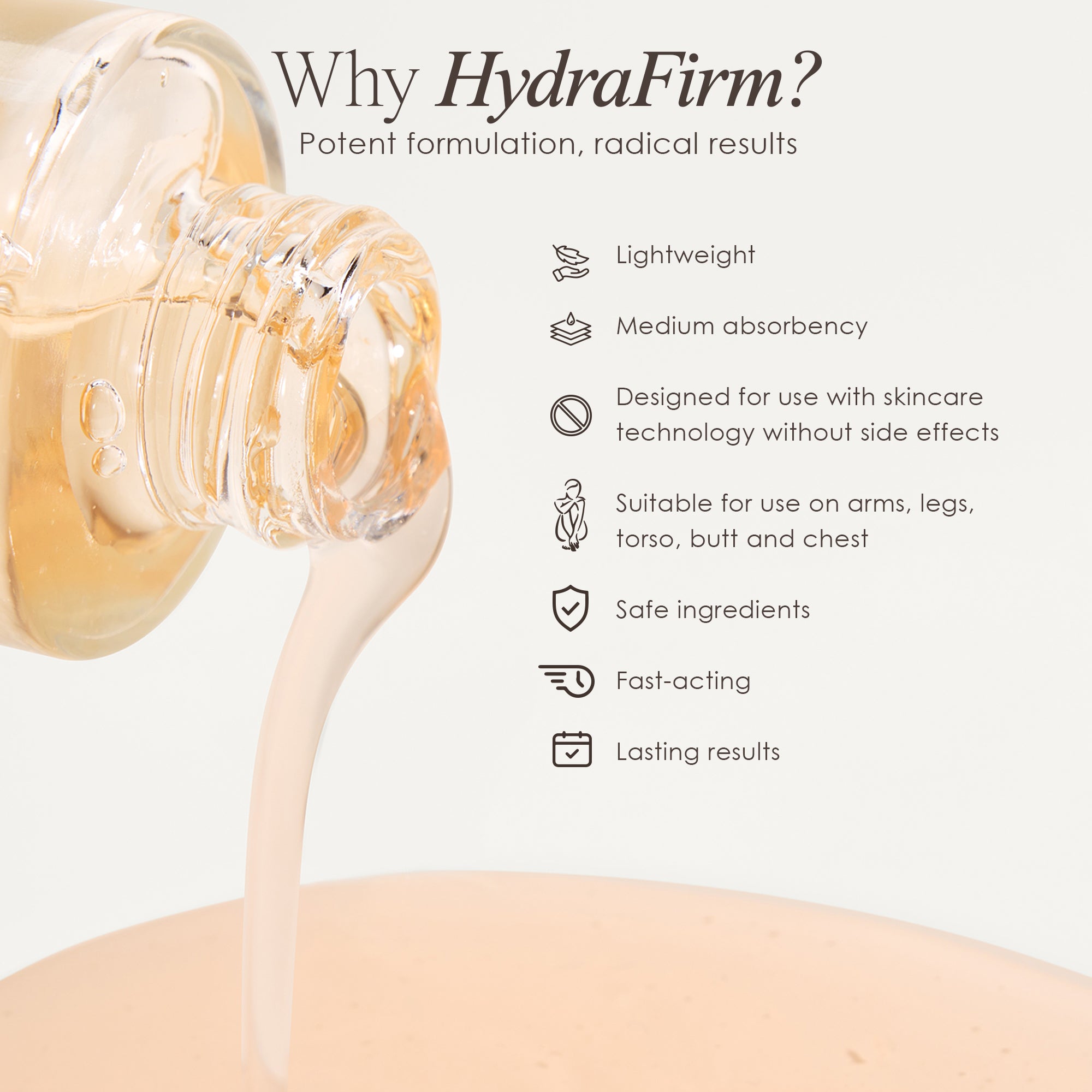 HydraFirm firming body gel listing features such as lightweight and fast-acting