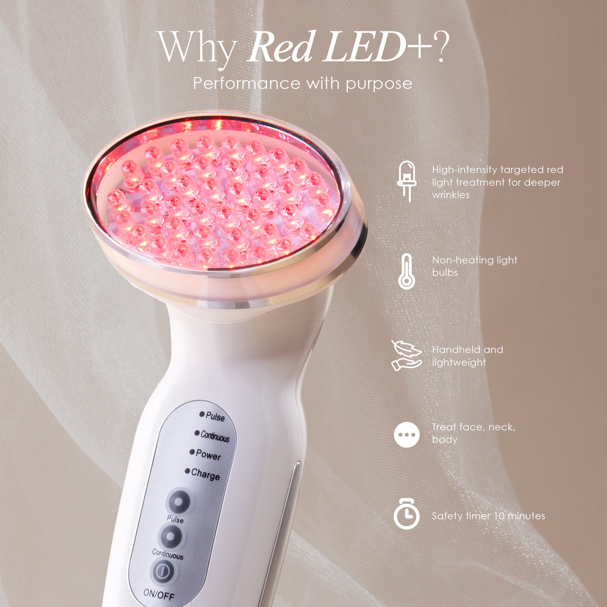 Red LED+ anti-aging wand listing features such as non-heating bulbs