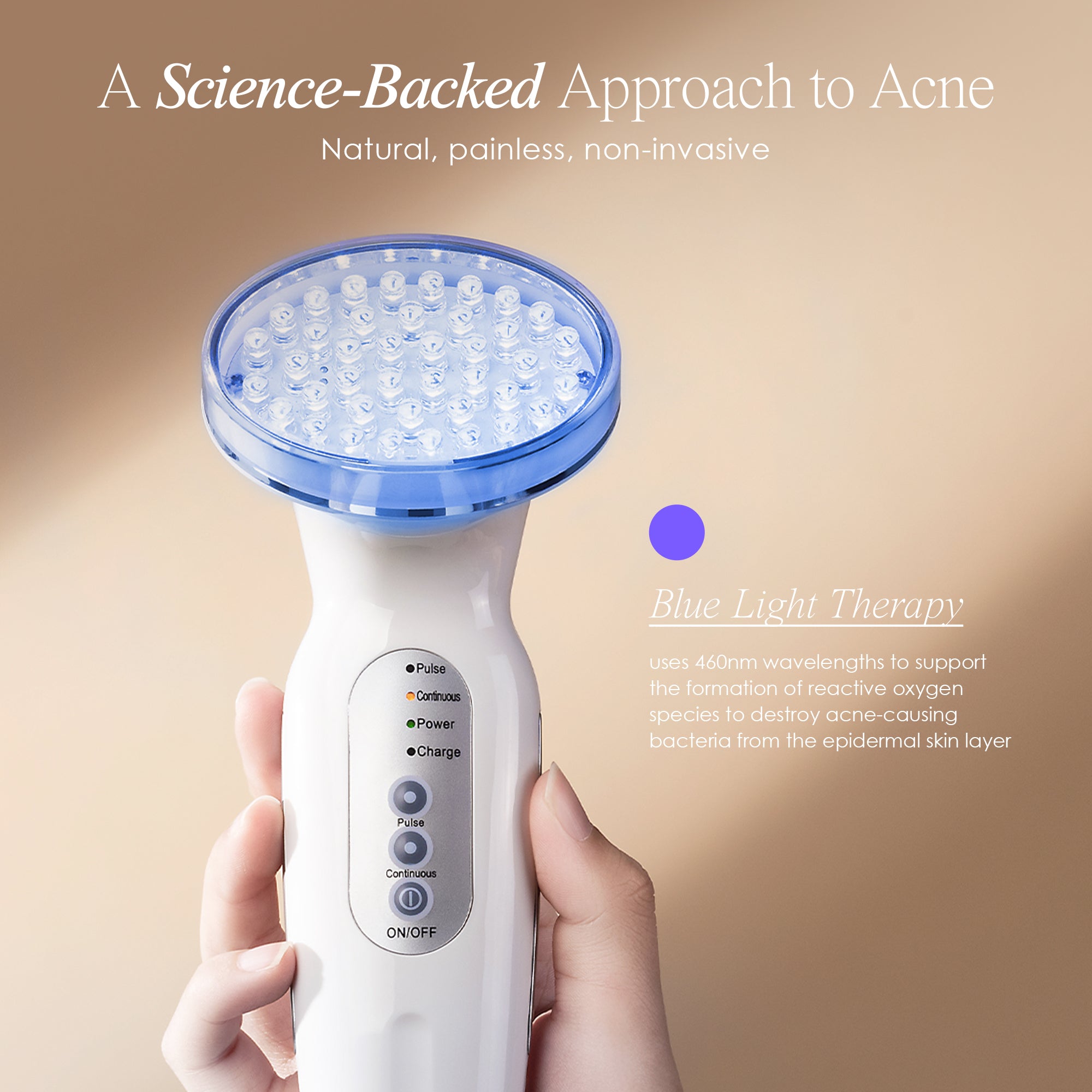 Blue LED+ anti-acne wand describing how blue light eliminates acne-causing bacteria