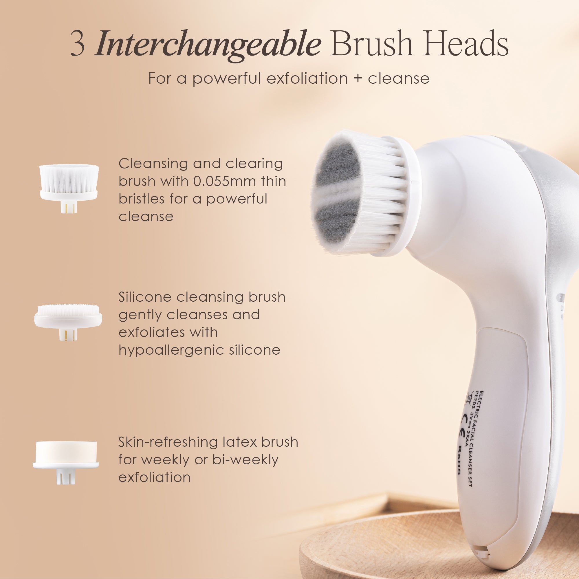 Bora electric facial brush showing the included 3 interchangeable brush heads and their functions